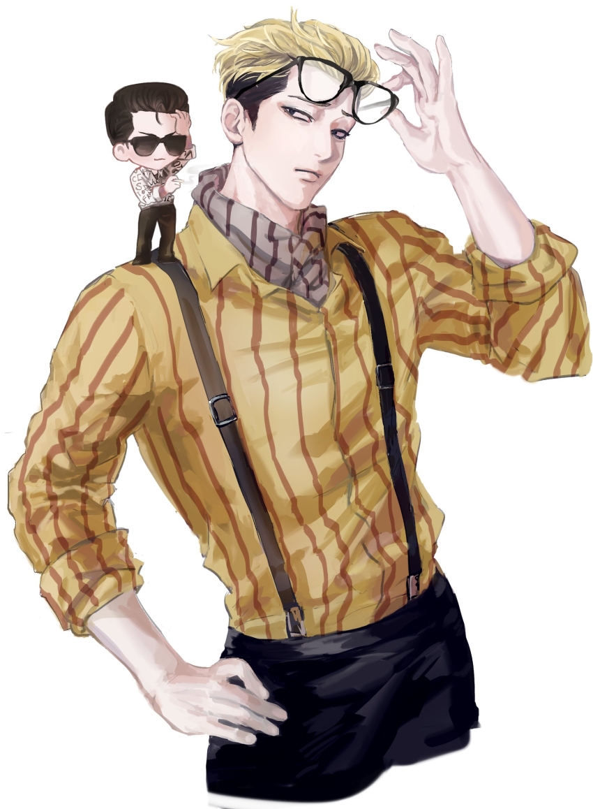 2boys absurdres adjusting_eyewear black_hair black_pants blonde_hair chibi collared_shirt cropped_torso eterorca eyewear_on_head glasses hair_slicked_back hand_on_own_hip highres kim_joon_goo looking_at_another looking_at_viewer lookism male_focus multicolored_hair multiple_boys pants park_jong_gun pointing scarf shirt short_hair simple_background sleeves_rolled_up striped_clothes striped_shirt sunglasses suspenders two-tone_hair undercut upper_body white_background yellow_shirt