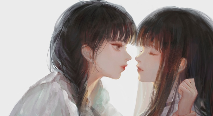 2girls absurdres black_hair blunt_bangs braid brown_eyes chinese_commentary closed_eyes commentary_request expressionless eyelashes eyeshadow face-to-face fur-trimmed_jacket fur_trim grey_background hair_over_shoulder hand_up highres imminent_kiss jacket jiaopiupiu lipstick long_hair long_sleeves looking_at_another makeup multiple_girls open_clothes open_jacket original pink_eyeshadow red_lips shirt sidelocks simple_background single_braid straight_hair turtleneck turtleneck_shirt upper_body white_jacket white_shirt yuri