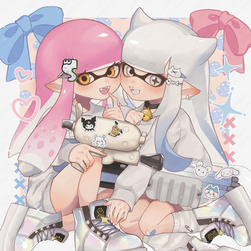 2girls animal_ears ballpoint_splatling_(splatoon) bandaid bandaid_on_knee bandaid_on_leg bell black_choker blue_hair blunt_bangs cat_ears cat_hair_ornament character_sticker chiikawa choker cinnamoroll commentary_request cross-shaped_pupils earrings extra_ears fangs fuwa_fuwa_cinnamoroll gen_7_pokemon gradient_hair grey_eyes grey_hair grey_tongue hachiware_(chiikawa) hair_ornament hairclip high_tops highres holding holding_weapon holographic_clothing hoop_earrings inkling inkling_girl inkling_player_character jewelry jingle_bell kuromi long_hair long_sleeves looking_at_viewer mimikyu mismatched_pupils momonga_(chiikawa) multicolored_footwear multicolored_hair multiple_girls neck_bell nintendo oekk_8 onegai_my_melody open_mouth orange_eyes order_shot_(splatoon) pink_hair pointy_ears pokemon sanrio shoes smile sneakers socks splatoon_(series) splatoon_3 sweater symbol-shaped_pupils tandemaus tentacle_hair two-tone_hair watermark weapon white_nails white_socks white_sweater