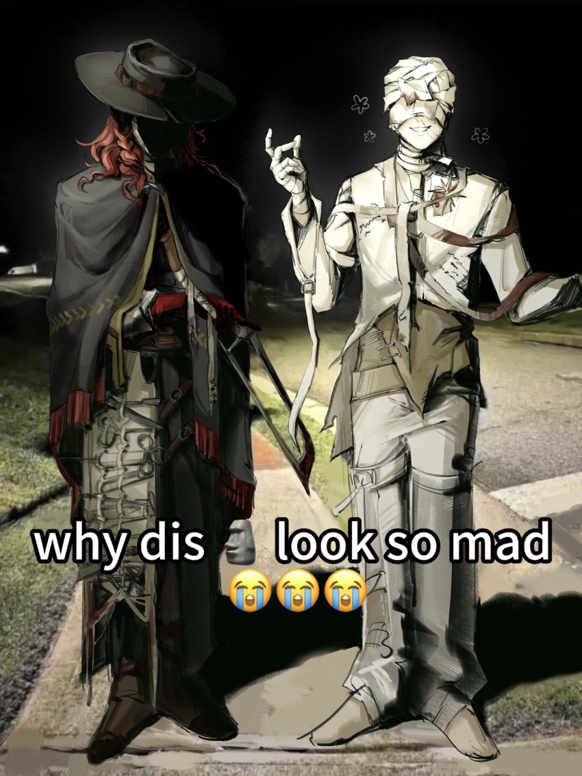 2boys absurdres aleph_(reverse:1999) bandaged_hand bandaged_head bandages black_cape black_hat black_pants black_sky boots brown_boots cape covered_eyes covered_face crying_emoji dual_persona emoji english_text face_in_shadow facing_viewer flower full_body gloves grin hacksaw hand_up hat highres holding_saw long_hair male_focus manghe_(yuyideqiyuan86826) meme merlin_(reverse:1999) moai multiple_boys night outdoors pants photo_background red_gloves red_hair reverse:1999 saw shaded_face shirt shoes side-by-side sidewalk sky smile standing surgical_scissors the_idealist_(reverse:1999) tool_kit white_pants white_shirt white_shoes why_dis_ninja_look_so_mad_(meme)