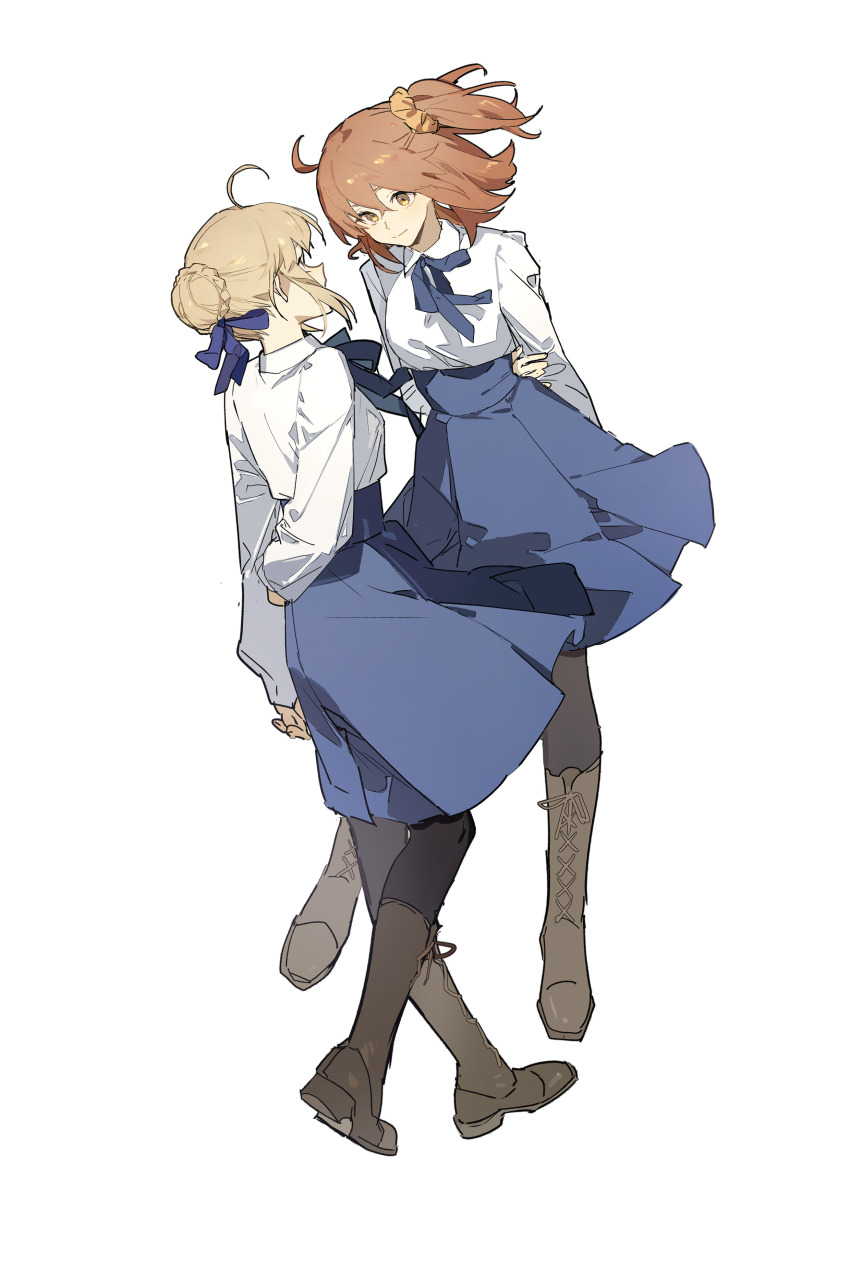 2girls absurdres ahoge arm_behind_back artoria_pendragon_(fate) black_pantyhose blonde_hair blue_bow blue_bowtie blue_skirt boots bow bowtie braid brown_eyes brown_hair fate/grand_order fate/stay_night fate_(series) floating_hair fujimaru_ritsuka_(female) fujimaru_ritsuka_(female)_(anniversary_blonde) full_body hair_bow hair_bun hair_ornament hair_scrunchie hand_on_own_arm high-waist_skirt highres knee_boots long_sleeves looking_at_another matching_outfits multiple_girls one_side_up pantyhose profile saber_(fate) scrunchie shirt simple_background single_hair_bun skirt standing white_background white_shirt zhibuji_loom