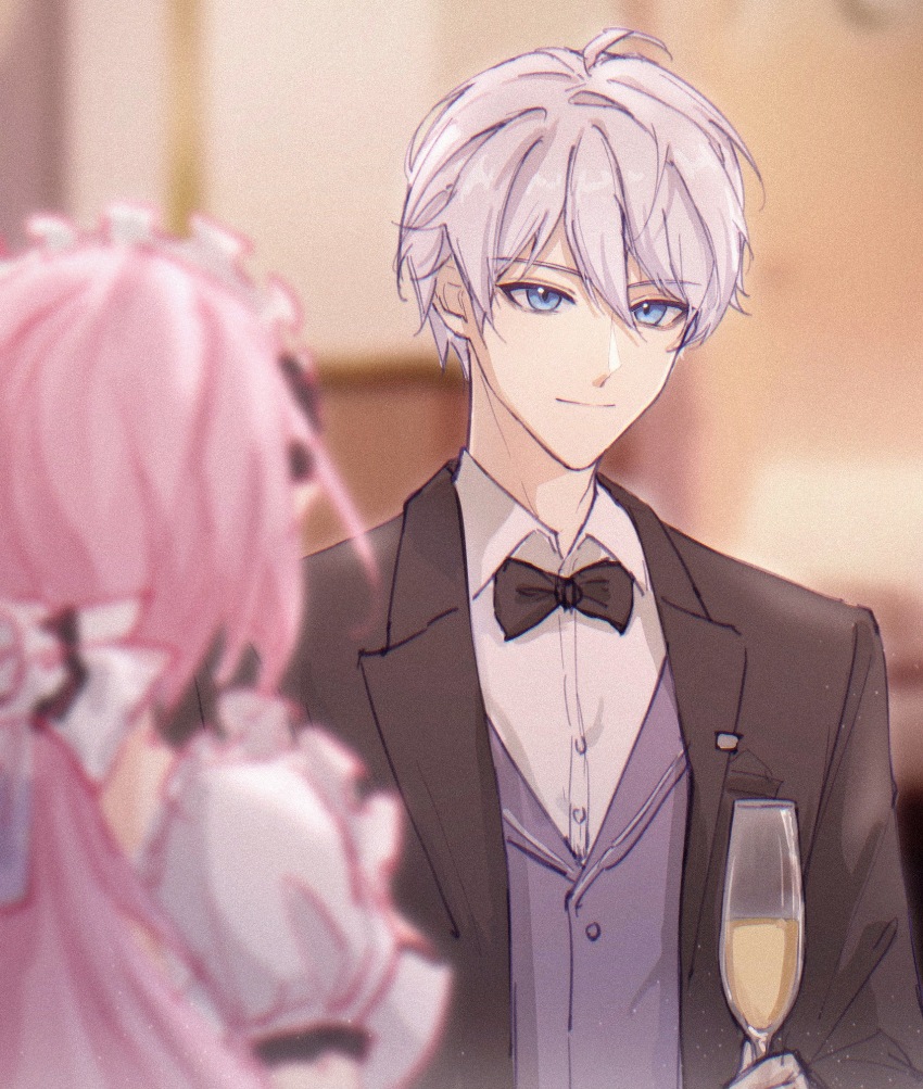 1boy 1girl black_bow black_bowtie black_vest blue_eyes blurry blurry_background blurry_foreground bow bowtie chinese_commentary commentary_request cup elysia_(honkai_impact) elysia_(miss_pink)_(honkai_impact) elysia_(miss_pink_elf)_(honkai_impact) highres holding holding_cup honkai_(series) honkai_impact_3rd kevin_kaslana long_hair maid maid_headdress napppptt official_alternate_costume pink_hair shirt short_hair upper_body vest white_hair white_shirt