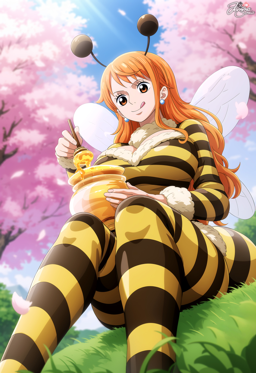 absurdres bee bee_costume bee_wings breasts brown_eyes bug cherry_blossoms day earrings field fur grass highres honey honey_dipper honey_pot insect insect_wings jemmasoria jewelry large_breasts licking_lips nami_(one_piece) one_piece orange_hair outdoors sitting tongue tongue_out wings