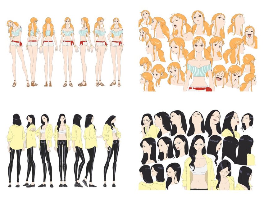 2girls alternate_costume alternate_hairstyle ass bare_legs bare_shoulders black_hair breasts curvy happy huge_breasts jacket large_breasts looking_at_viewer low_twintails multiple_girls multiple_views nami_(one_piece) nico_robin official_alternate_costume official_alternate_hairstyle official_art one_piece open_clothes open_jacket pants reference_sheet shiny_skin short_shorts shorts smile turnaround twintails wide_hips