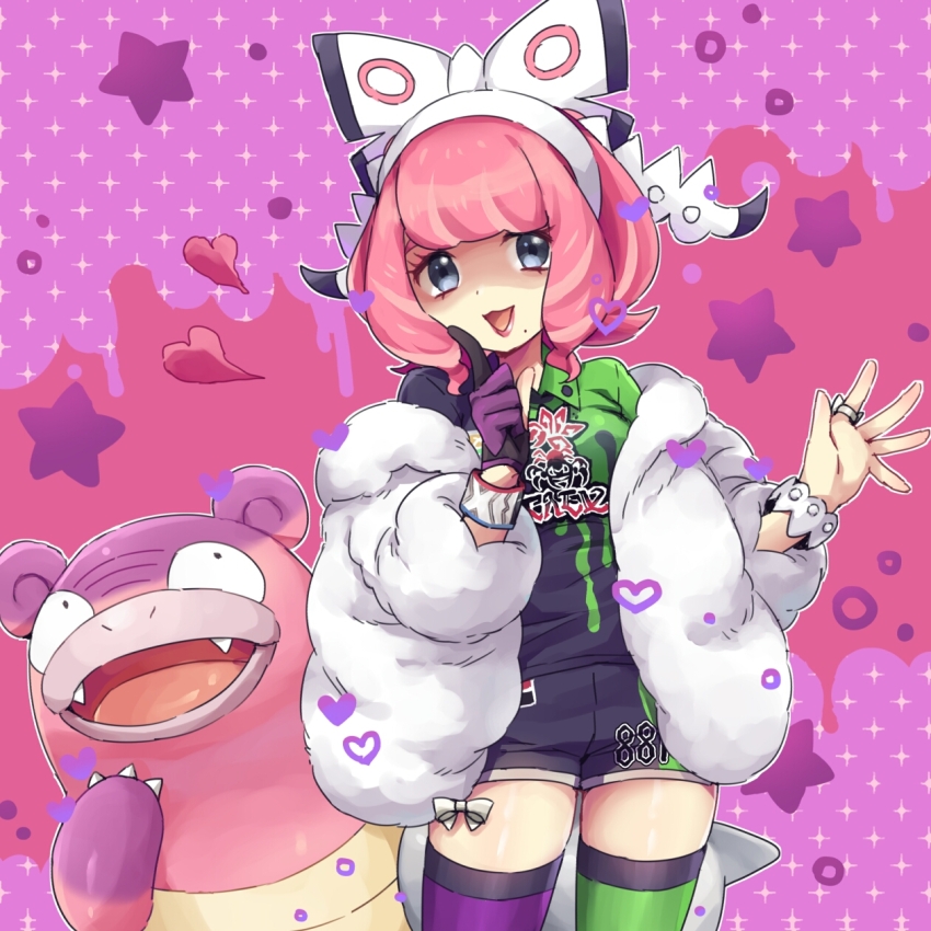 1girl alternate_eye_color asymmetrical_legwear blue_eyes bow bracelet breasts collared_shirt colored_skin creatures_(company) drill_hair dynamax_band eyeshadow flipped_hair fur_jacket galarian_slowbro game_freak gloves hair_bow hairband highres jacket jewelry klara_(pokemon) makeup medium_breasts mismatched_legwear mole mole_under_mouth nintendo pink_eyeshadow pink_hair pink_lips pink_skin pokemon pokemon_(creature) pokemon_swsh print_shirt print_shorts print_thighhighs purple_skin rii_(pixiv11152329) ring shirt short_hair shorts side_slit side_slit_shorts single_glove smile solo thighhighs twin_drills white_bow white_hairband