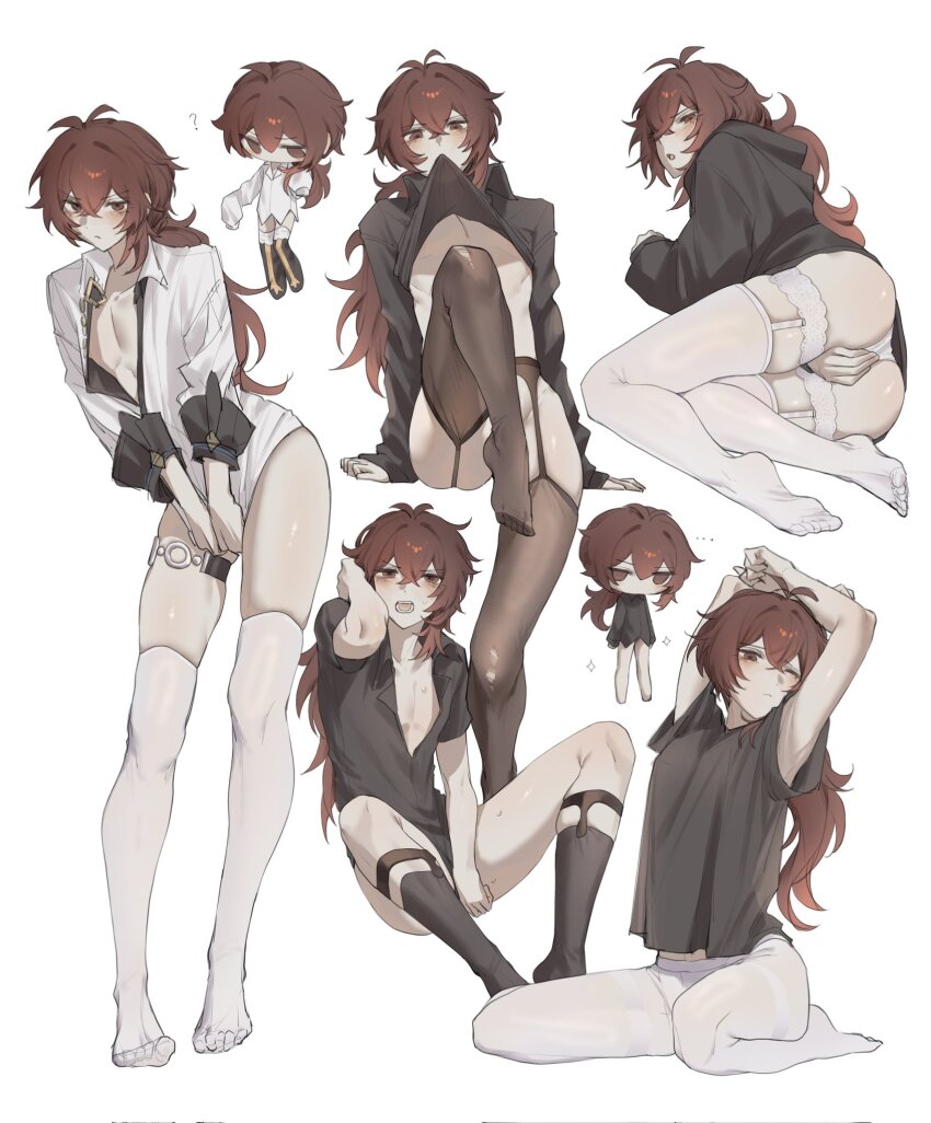 ... 1boy ? armpits arms_up black_hoodie black_pantyhose black_shirt chibi clothes_lift collared_shirt covering_crotch covering_privates crossdressing crossdressing_(mtf) diluc_(genshin_impact) feet full_body genshin_impact hair_between_eyes hand_on_own_crotch highres hood hoodie lifting_own_clothes long_hair long_sleeves male_focus mouth_hold multiple_views one_eye_closed open_mouth panties pantyhose red_eyes red_hair shirt shirt_lift simple_background sitting skindentation soles teeth thighhighs thighs toes torn_clothes torn_pantyhose underwear wariza white_background white_panties white_pantyhose white_shirt zehuij