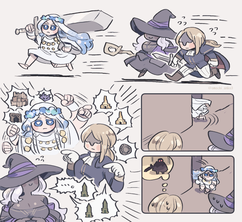 3girls bell_bearing_hunter_(elden_ring) blonde_hair chibi duchess_(elden_ring) elden_ring elden_ring_nightreign greatsword holding holding_staff holding_sword holding_weapon multiple_girls omochi_anko3 recluse_(elden_ring) revenant_(elden_ring) running staff sweat sword weapon