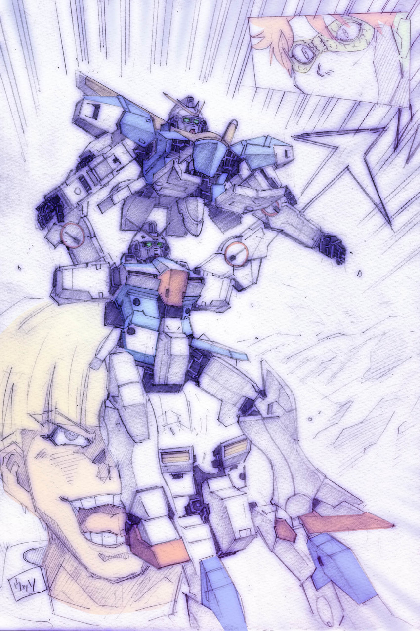 2boys blonde_hair blue_eyes chronicle_asher gundam highres laughing looking_up mask mecha multiple_boys nakanishi_tatsurou open_mouth red_hair robot uso_ewin v-fin v2_gundam v_gundam victory_gundam