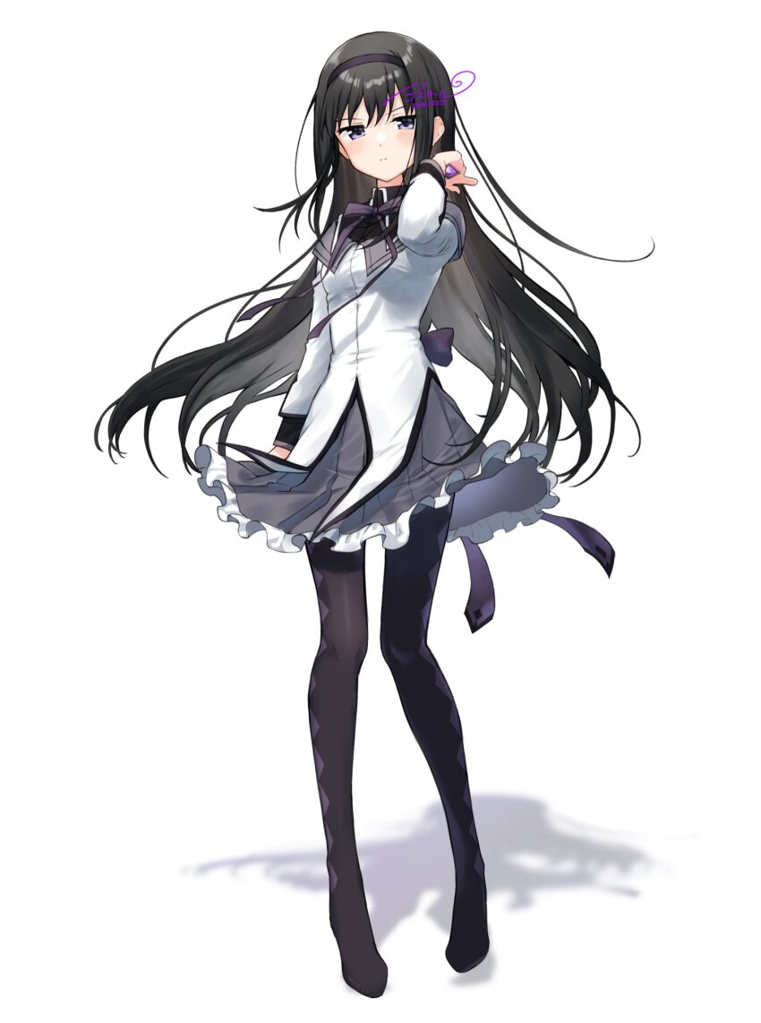 1girl akemi_homura akemi_homura_(magical_girl) argyle_clothes argyle_pantyhose asukaru_(magika_ru) black_boots black_hair black_hairband black_pantyhose blush boots capelet closed_mouth commentary_request dated frilled_skirt frills full_body hairband hand_up high_heel_boots high_heels highres long_hair long_sleeves looking_at_viewer magical_girl mahou_shoujo_madoka_magica mahou_shoujo_madoka_magica_(anime) neck_ribbon pantyhose pleated_skirt purple_capelet purple_eyes purple_ribbon purple_skirt ribbon shadow shirt signature simple_background skirt solo standing white_background white_shirt