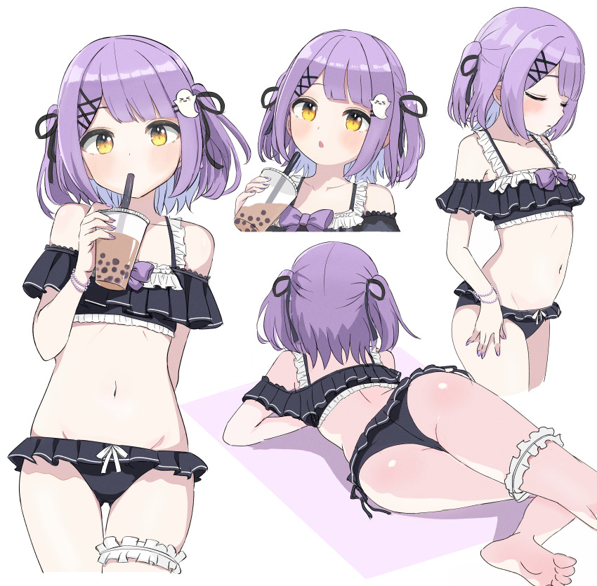 1girl absurdres ass bare_shoulders bead_bracelet beads bikini black_bikini black_ribbon blush bracelet bubble_tea closed_eyes closed_mouth cup drinking_straw drinking_straw_in_mouth flat_chest frilled_bikini frilled_thigh_strap frills ghost_hair_ornament hair_ornament hair_ribbon highres holding holding_cup jewelry looking_at_viewer lying multiple_views navel open_mouth purple_hair purple_nails ribbon shinomiya_runa shinomiya_runa_(summer_c102) short_hair simple_background stomach swimsuit thigh_strap two_side_up virtual_youtuber vspo! white_background x_hair_ornament yamaoka_remu yellow_eyes