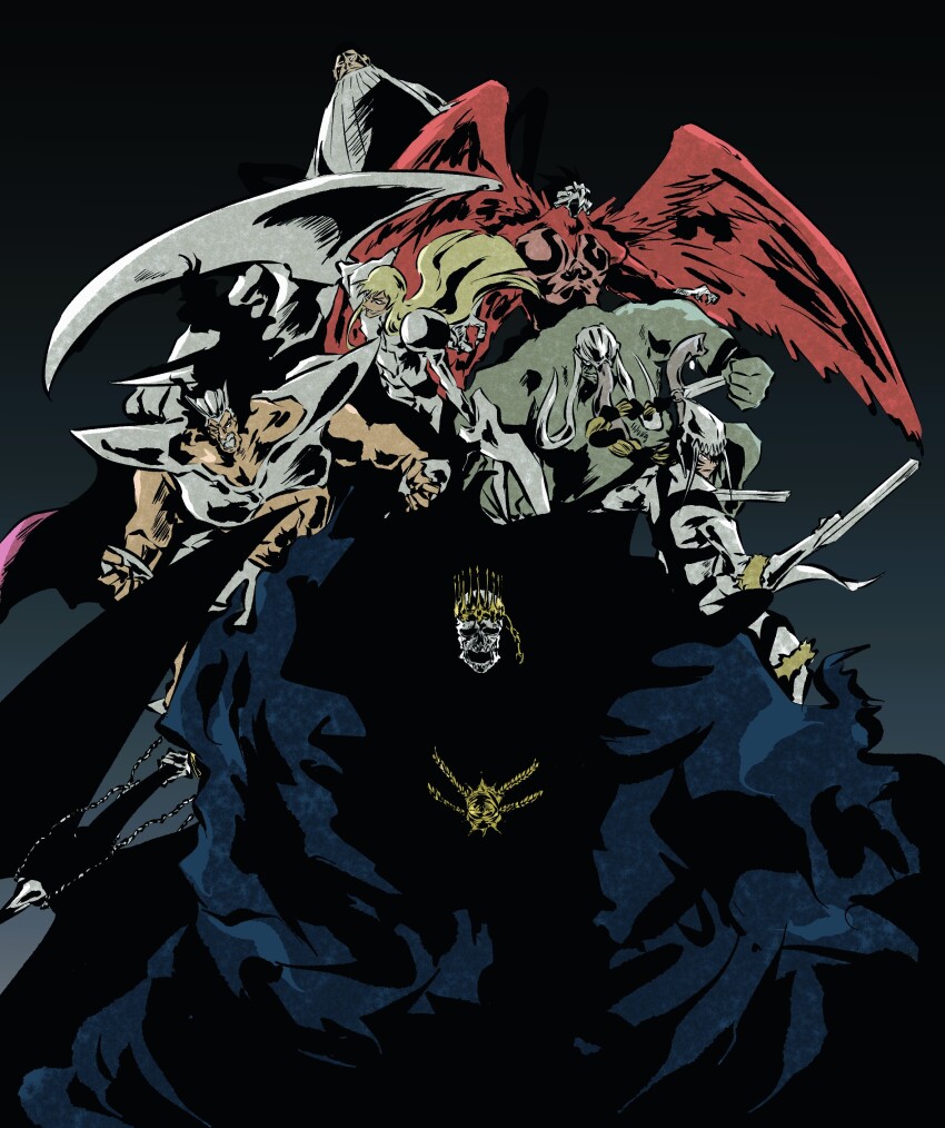 6+boys abirama_redder abs absurdres armor axe baraggan_louisenbairn bird_boy black_background black_hair black_robe bleach blonde_hair braid braided_ponytail charlotte_chuhlhourne chest_markings choe_neng_poww clenched_hands clenched_teeth commentary_request crown elephant_boy facial_mark feathered_wings fighting_stance findorr_calius floating_hair ggio_vega highres holding holding_axe ken_hollow long_hair looking_at_viewer multiple_boys muscular muscular_male nirgge_parduoc red_wings resurreccion robe serious simple_background skeleton skull skull_on_head teeth tiger_boy wings