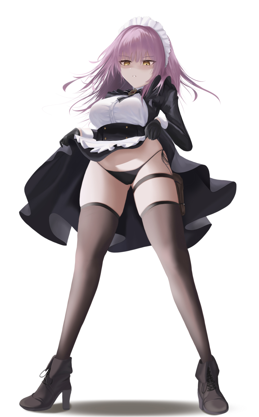 1girl absurdres apron azur_lane bikini black_bow black_bowtie black_gloves black_panties black_thighhighs bow bowtie breasts brown_footwear cheems devonshire_(azur_lane) dress emblem full_body gloves gluteal_fold hands_up high_heels highres holster long_sleeves looking_at_viewer maid maid_headdress medium_breasts medium_hair panties parted_lips purple_hair shaded_face side-tie_bikini_bottom simple_background skindentation solo standing swimsuit taut_clothes taut_dress thigh_holster thighhighs underwear waist_apron white_apron white_background yellow_eyes