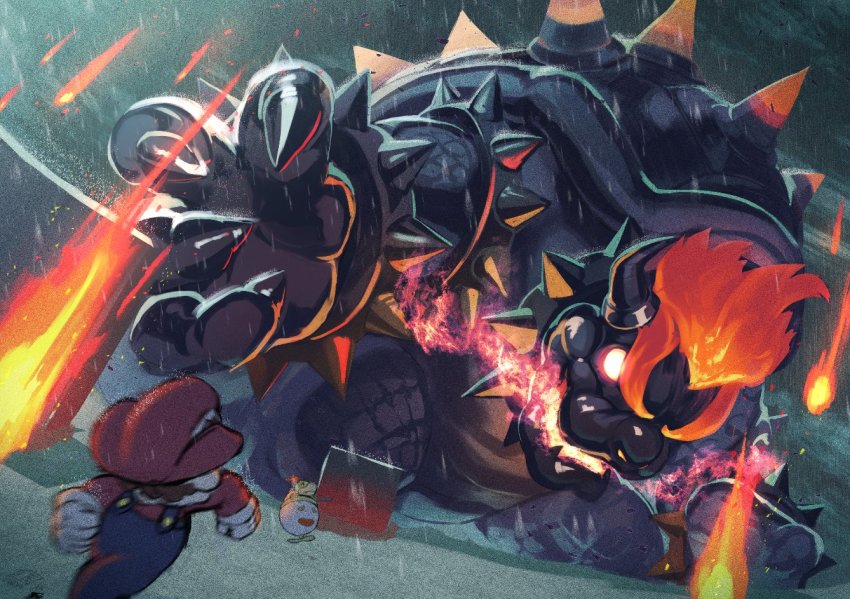 3boys armlet battle bowser bracelet breath_weapon breathing_fire claws commentary_request dutch_angle facial_hair fangs fire fireball fury_bowser glowing glowing_eyes glowing_hair horns itohiro jewelry looking_at_another male_focus mario mario_(series) multiple_boys mustache nintendo open_mouth overalls rain red_eyes red_hair red_headwear red_shirt running shirt spiked_armlet spiked_bracelet spiked_shell spikes standing storm super_mario_3d_world