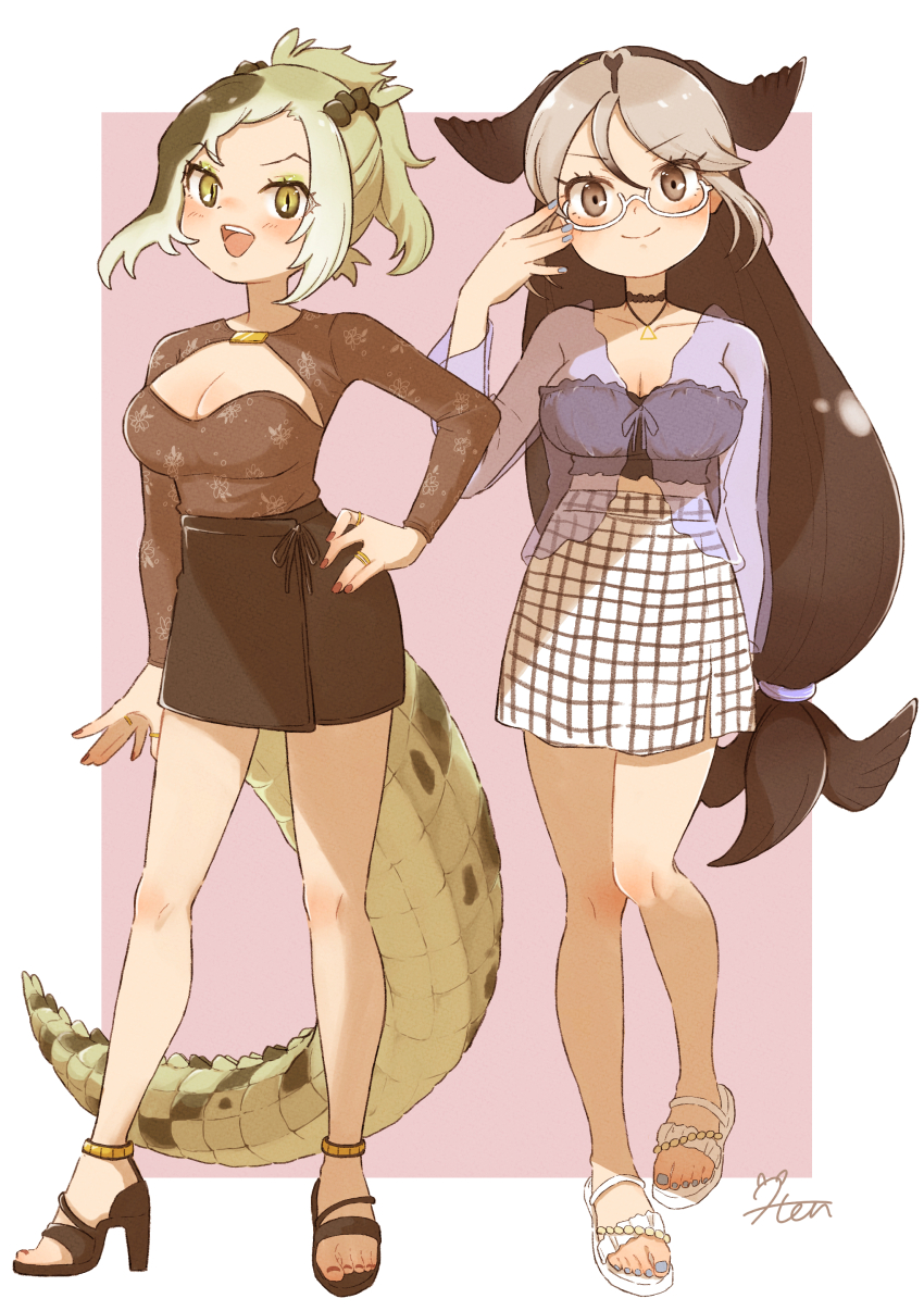 0nanaten 2girls absurdres alternate_costume anklet black_choker black_footwear black_skirt blue_nails blush brown_shirt california_sea_lion_(kemono_friends) choker cleavage_cutout clothing_cutout commission crop_top extra_ears fins frilled_shirt frills glasses green_eyes head_fins high_heels highres jewelry kemono_friends lizard_tail long_sleeves looking_at_viewer midriff_peek miniskirt multiple_girls nail_polish necklace open_mouth pencil_skirt plaid_clothes plaid_skirt red_nails reptile_girl saltwater_crocodile_(kemono_friends) sandals semi-rimless_eyewear shirt skeb_commission skirt slit_pupils smile tail white-framed_eyewear white_footwear white_skirt