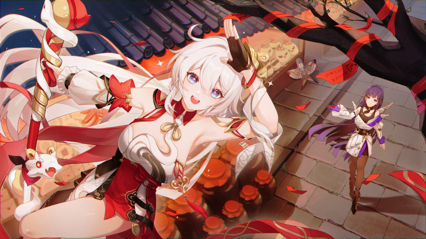 2girls absurdres armpits blue_eyes breasts chinese_clothes chinese_commentary cleavage commentary_request dress highres holding holding_staff honkai_(series) honkai_impact_3rd huang_tie_lin jar jingwei_(bird) kiana_kaslana kiana_kaslana_(ba-dum!_fiery_wishing_star) large_breasts multiple_girls open_mouth outdoors pantyhose purple_eyes purple_hair raiden_mei raiden_mei_(apho) red_dress snake staff star-shaped_pupils star_(symbol) symbol-shaped_pupils teeth thighs tree upper_teeth_only white_dress white_hair