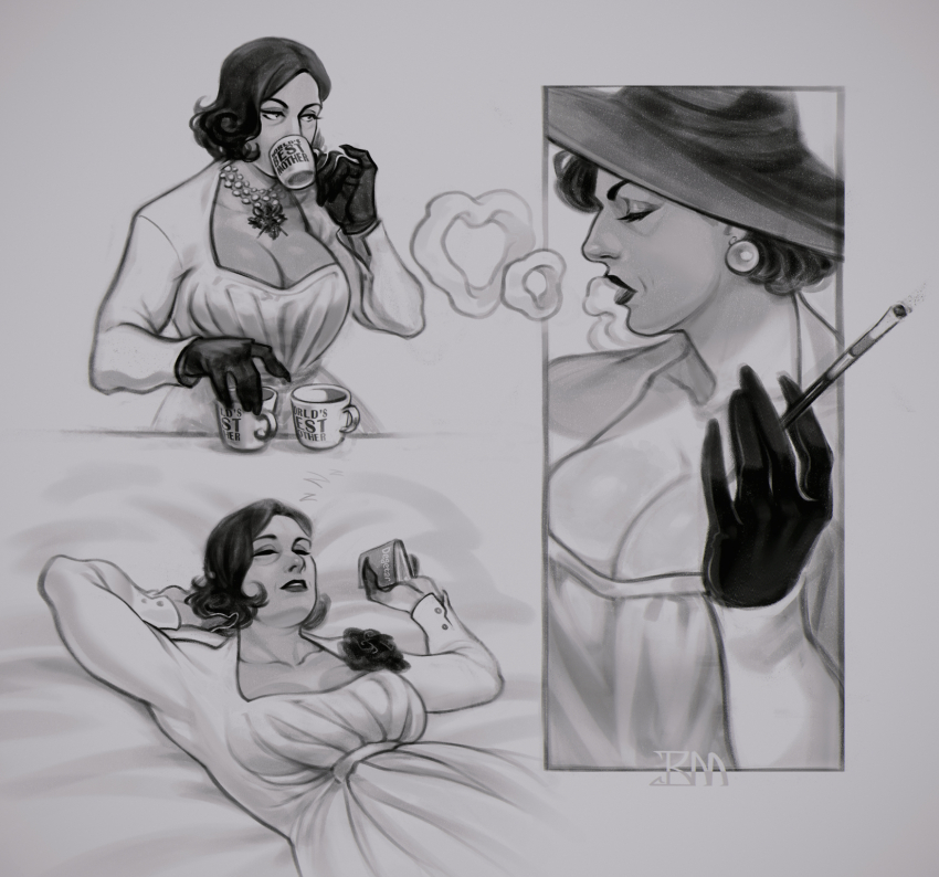 1girl alcina_dimitrescu black_gloves cigarette_holder cup drinking gloves greyscale highres holding holding_cup looking_to_the_side medium_hair monochrome mug_writing pooziqo-royal resident_evil resident_evil_village sleeping smoking