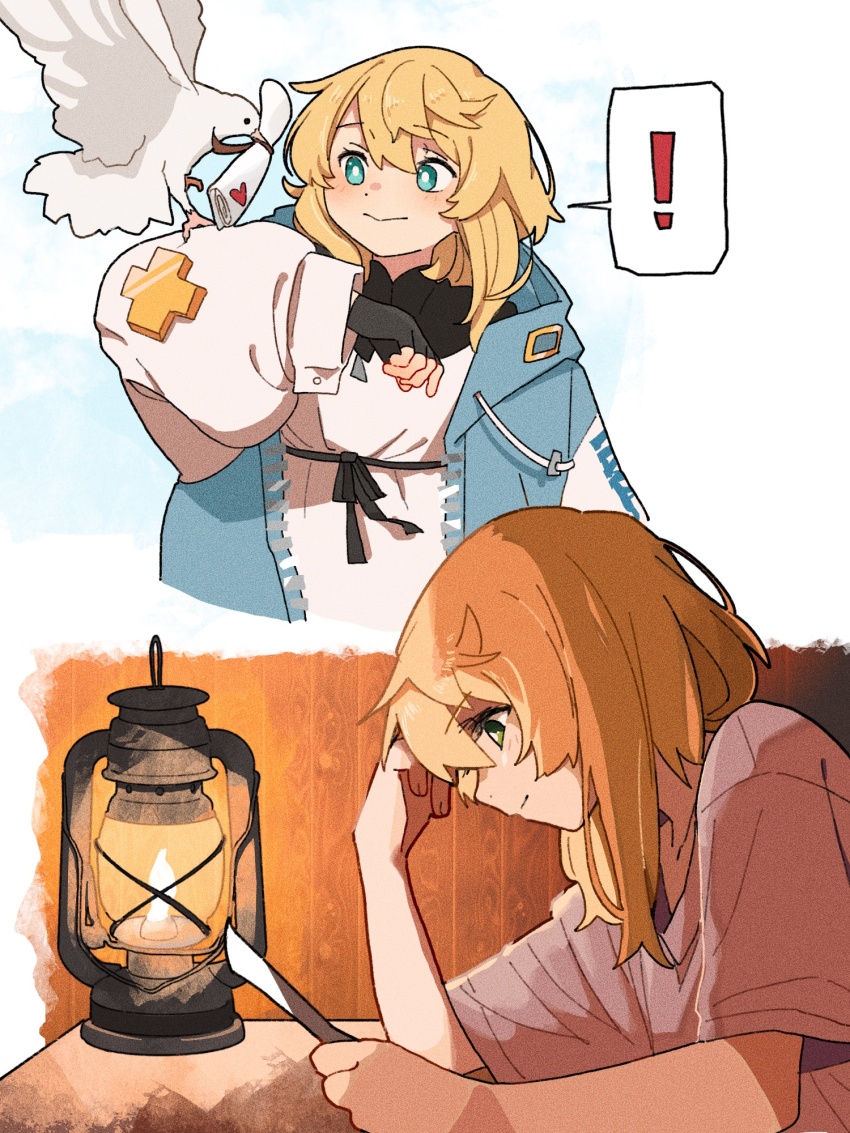 ! 1boy bird blonde_hair blue_eyes blue_jacket bridget_(guilty_gear) commentary drawstring guilty_gear guilty_gear_strive hair_between_eyes highres hood hood_down jacket lamp letter long_sleeves multiple_views open_clothes open_jacket pigeon puffy_long_sleeves puffy_sleeves reading short_hair short_sleeves smile spoken_exclamation_mark trap white_bird yano_(edbr1022)