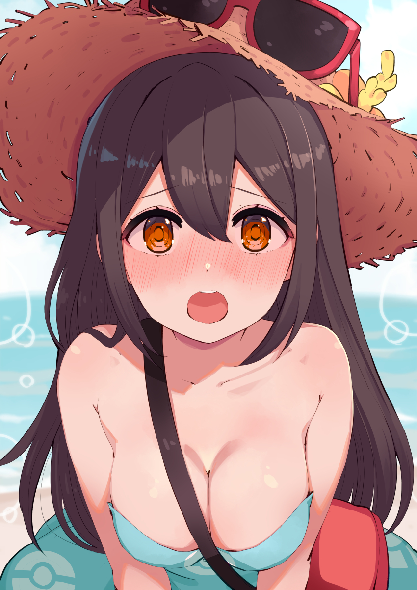 1girl :o absurdres bag between_breasts blush breasts brown_eyes brown_hair cleavage collarbone commentary_request cream_(nipakupa) dress eyelashes eyewear_on_headwear flower green_dress hat hat_flower highres long_hair looking_at_viewer medium_breasts nintendo open_mouth pokemon pokemon_sm raised_eyebrows red_bag shoulder_bag sightseer_(pokemon) solo strap_between_breasts strapless strapless_dress straw_hat sunglasses