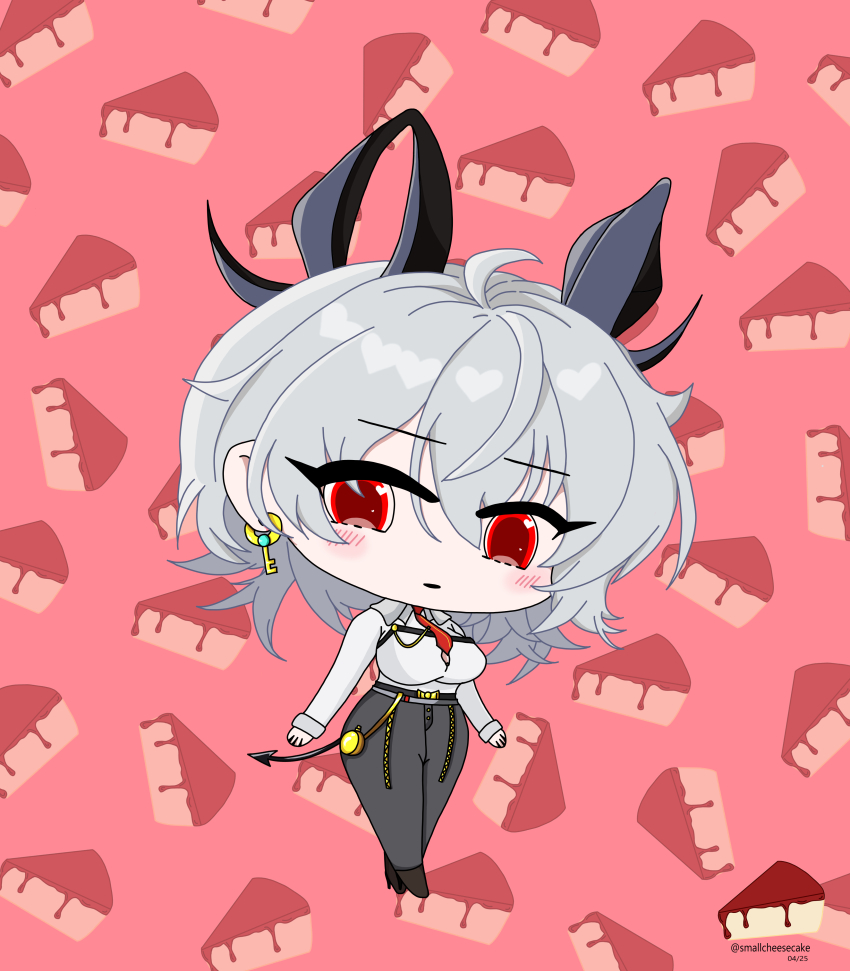 1girl absurdres black_horns blush breasts earrings high_heels highres horns jewelry red_eyes self-upload smallcheesecake solo tail white_hair wuthering_waves zani_(wuthering_waves)