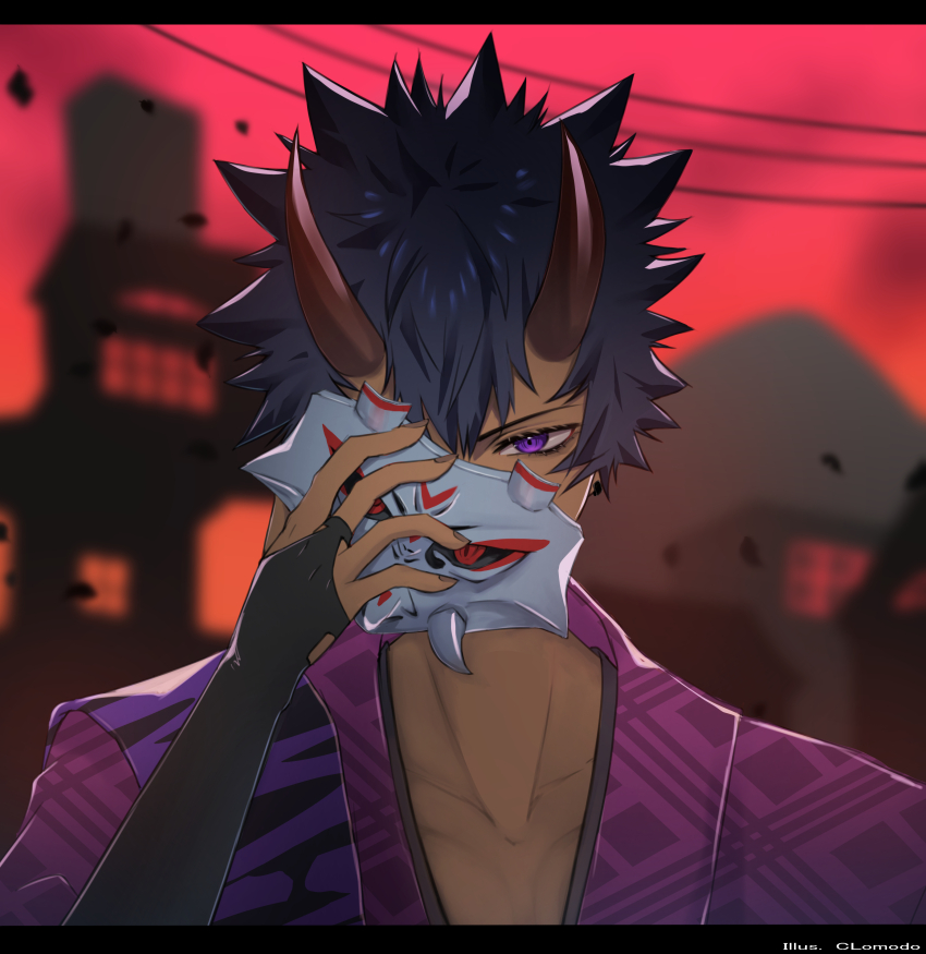 1boy absurdres black_hair blurry blurry_background bridal_gauntlets building clomodo commentary_request covered_mouth dark-skinned_male dark_skin debris demon_horns eye_mask hand_up highres holding holding_mask horns japanese_clothes kai_(rune_factory) letterboxed looking_at_viewer male_focus mask one_eye_covered purple_eyes red_background red_horns rune_factory rune_factory:_guardians_of_azuma short_hair solo upper_body