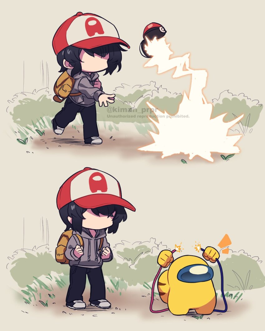 1other among_us backpack bag black_footwear black_hair black_pants brown_bag cable cosplay disembodied_hand faceless full_body gen_1_pokemon grey_hoodie highres holding holding_cable hood hood_down hoodie kiman nintendo notice_lines original outdoors pants pikachu pikachu_(cosplay) pokemon red_headwear shoes standing they_(kiman) watermark white_headwear yellow_(among_us)