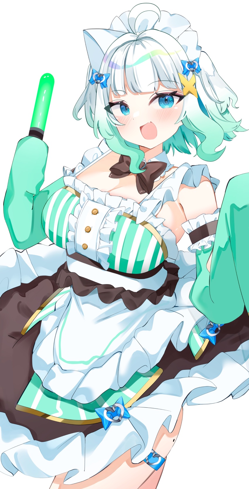 1girl absurdres ahoge apron black_bow black_bowtie blue_bow blue_eyes bow bowtie breasts center_frills cleavage commentary detached_collar detached_sleeves dress english_commentary fang forever_moru frilled_dress frills gradient_hair green_dress green_hair hair_bow hair_intakes hair_ornament highres holding holding_lightstick indie_virtual_youtuber large_breasts lightstick long_sleeves looking_at_viewer maid maid_headdress medium_hair mint_fantome mint_fantome_(minto_2.0) mole mole_on_thigh multicolored_hair open_mouth simple_background skin_fang sleeves_past_fingers sleeves_past_wrists solo thigh_strap triangular_headpiece two_side_up virtual_youtuber waist_apron white_apron white_background white_hair x_hair_ornament