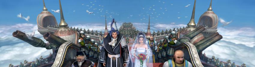 00s 1boy 1girl 3d absurdres alternate_costume bald bird bridal_veil bride cloud couple day dress final_fantasy final_fantasy_x flower gun hetero highres long_image seymour_guado sky soldier spoilers veil weapon wedding_dress wide_image yo_mika yuna yuna_(ff10)