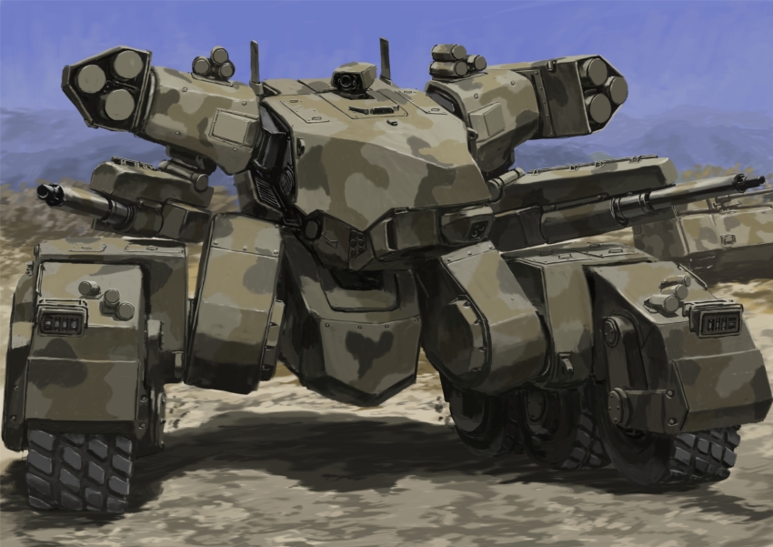 1other blue_sky camouflage caterpillar_tracks highres mecha military military_vehicle motor_vehicle no_humans one-eyed original outdoors robot science_fiction sky tyokugekidato vehicle_focus woodland_camouflage