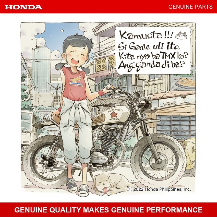 1girl :d ^_^ ad black_hair blush closed_eyes commentary copyright_notice dog english_commentary facing_viewer full_body genie&#039;s_motorcycle_life genie_(genie&#039;s_motorcycle_life) grey_shoes highres honda jumpsuit jumpsuit_around_waist low_twintails motor_vehicle motorcycle official_art open_mouth outdoors philippines red_shirt sekihan shirt shoes short_sleeves smile sneakers solo speech_bubble sweatband tagalog_text teeth translated twintails upper_teeth_only