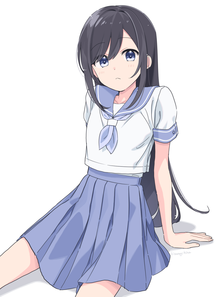 1girl :&lt; artist_name black_hair blue_eyes blue_neckerchief blue_sailor_collar blue_skirt closed_mouth commentary_request feet_out_of_frame hands_on_ground highres kisaragi_hina light_blush long_hair looking_at_viewer neckerchief original pleated_skirt sailor_collar school_uniform serafuku shirt short_sleeves sidelocks simple_background sitting skirt solo very_long_hair white_background white_serafuku white_shirt