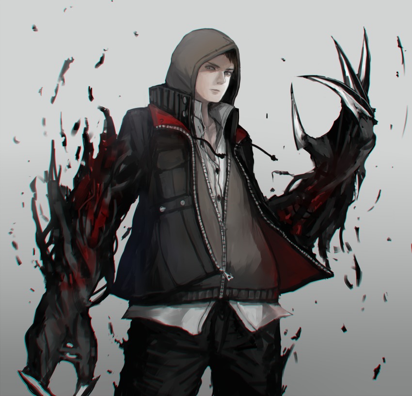 1boy absurdres alex_mercer blacklight_(prototype) claws highres hood hooded_jacket hoodie jacket looking_at_viewer male_focus mihato_senba open_clothes open_jacket prototype_(game) shapeshifter shirt solo