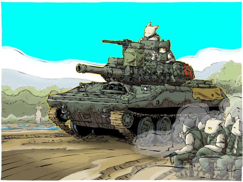 6+boys ammunition_box blue_sky browning_m2 cannon cat_boy caterpillar_tracks conical_hat day gun heavy_machine_gun highres jerry_can m551_sheridan machine_gun military_vehicle motor_vehicle multiple_boys original sitting sky tank weapon yabarn