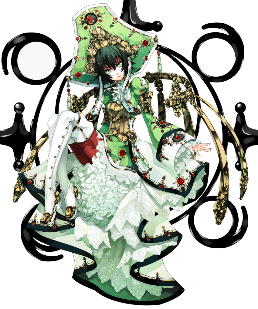 00s 1girl androgynous ascot black_hair boots brooch corset dress female_focus flat_chest frills green_eyes green_hair hat head_tilt headdress highres jewelry lace matching_hair/eyes md5_mismatch multicolored_hair osamu_(jagabata) resolution_mismatch seth_nightroad short_hair simple_background sitting smile solo source_larger thigh_boots thighhighs trinity_blood white_thighhighs