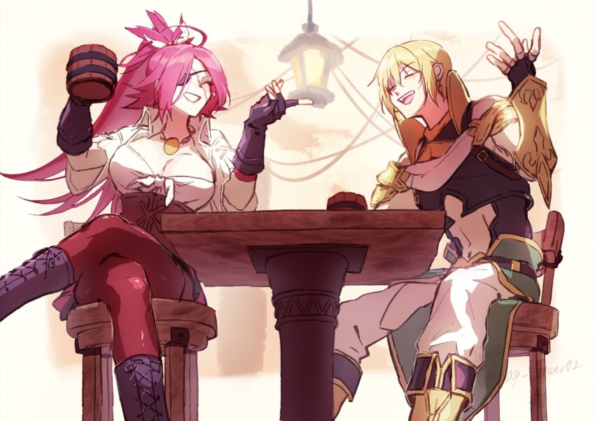 1boy 1girl arm_up armor atlantis_(fate/grand_order) black_boots black_gloves black_shirt blonde_hair boots breasts chair cleavage closed_eyes clothing_cutout corset crossed_legs cup eyepatch fate/grand_order fate_(series) fingerless_gloves francis_drake_(fate) francis_drake_(stormy_seas_outfit)_(fate) front-tie_top gloves grin hair_between_eyes hands_up hanging_light high_ponytail highres holding holding_cup jacket jason_(fate) jewelry lace-up_boots long_hair necklace on_chair open_mouth pants parted_bangs pink_hair ponytail red_corset red_pants scar scar_on_face shirt short_hair short_sleeves shoulder_armor sitting sleeveless sleeveless_shirt smile stomach_cutout table tankard teeth thigh_cutout tsuyukusa_(eeta7273) upper_teeth_only vambraces waist_cape white_jacket white_pants white_shirt