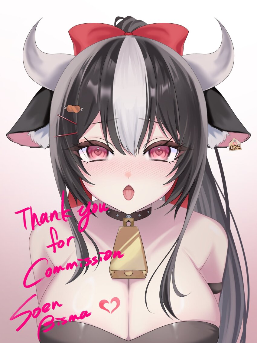 1girl animal_ears artist_name bell black_choker black_hair blush bow breasts choker cleavage commission cow_ears cow_girl cowbell ear_tag hair_bow hair_ornament heart heart-shaped_pupils highres indie_virtual_youtuber large_breasts long_hair open_mouth pink_eyes red_bow shimofuri_ichibo skeb_commission soen_bisma solo symbol-shaped_pupils thank_you tongue upper_body virtual_youtuber white_hair