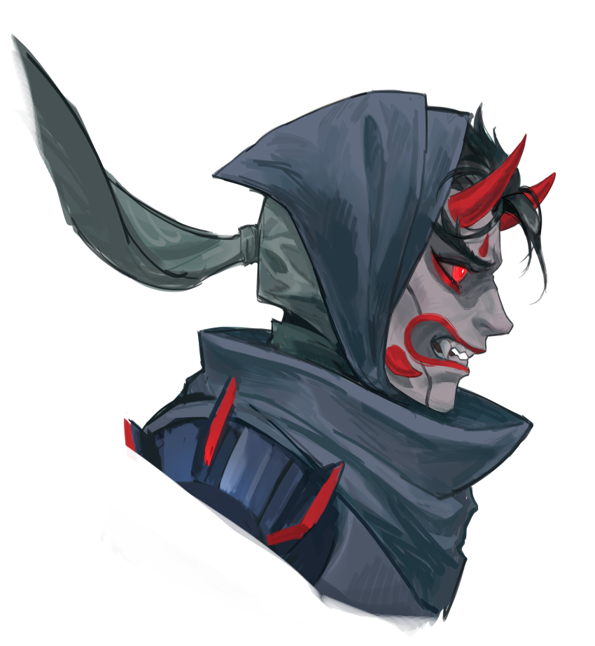 1boy absurdres black_hair black_scarf colored_skin commentary cropped_shoulders demon_horns english_commentary facial_mark fangs forked_eyebrows genji_(overwatch) grey_skin highres horns looking_ahead luna-9 male_focus oni oni_genji open_mouth overwatch overwatch_1 profile red_eyes red_horns scarf sharp_teeth short_hair solo teeth