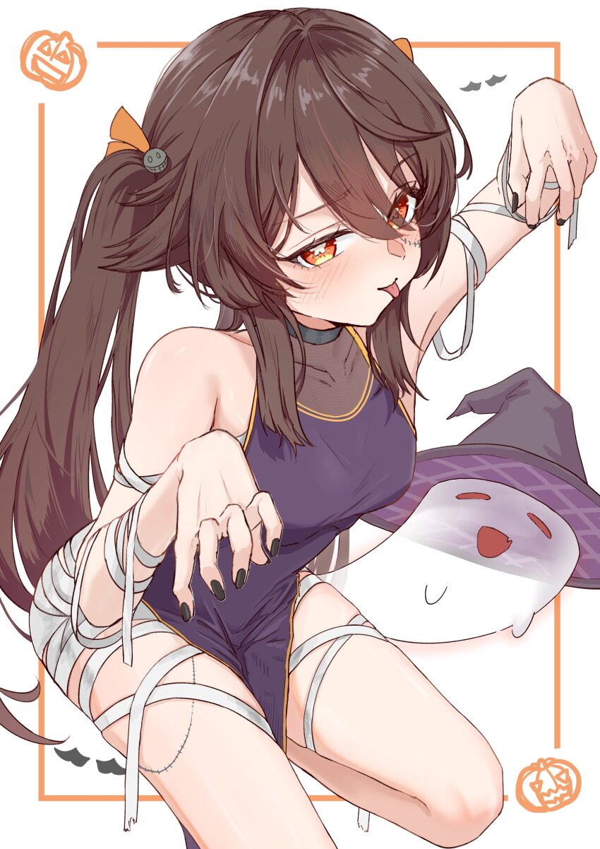 1girl absurdres alternate_costume bandages bare_shoulders black_nails blush brown_hair dress genshin_impact ghost halloween_costume highres hu_tao_(genshin_impact) long_hair purple_dress red_eyes symbol-shaped_pupils tongue tongue_out twintails yonemasakouta