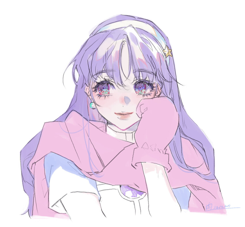 1girl asamiya_athena earrings female_focus gloves hairband jewelry long_hair pale_skin purple_eyes purple_hair redeye_rei smile star_(symbol) the_king_of_fighters