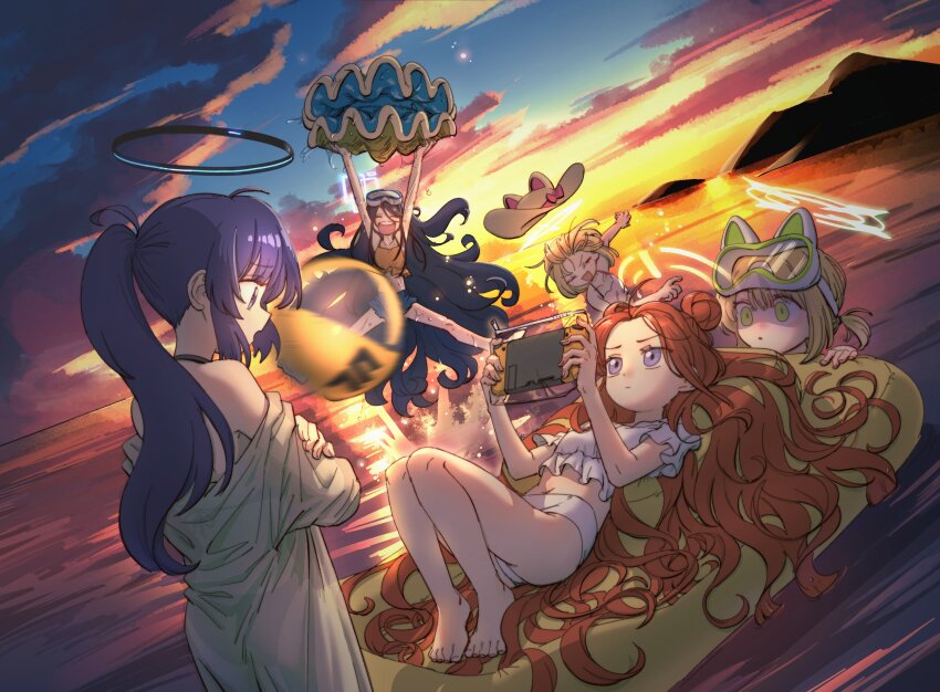 5girls absurdly_long_hair aris_(blue_archive) bare_arms bare_legs bare_shoulders barefoot bikini black_hair blonde_hair blue_archive blue_halo blue_shorts closed_eyes closed_mouth commentary denim denim_shorts double_bun empty_eyes frilled_bikini frills goggles goggles_on_head green_eyes green_halo hair_bun halo handheld_game_console hat highres hobgoblin-kim holding holding_handheld_game_console korean_commentary long_hair mechanical_halo midori_(blue_archive) momoi_(blue_archive) multiple_girls ocean open_mouth orange_bikini outdoors parted_lips ponytail purple_eyes purple_hair red_hair short_hair shorts siblings sisters smile swimsuit twins very_long_hair white_bikini yellow_halo yuuka_(blue_archive) yuzu_(blue_archive)