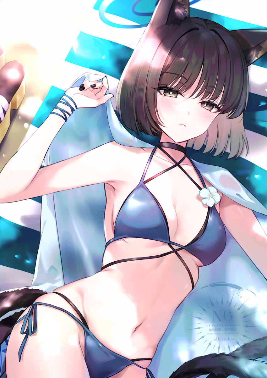 1girl absurdres animal_ears bare_shoulders bikini black_bikini black_eyes black_hair blue_archive blue_bikini blush breasts cat_ears cat_tail choker cleavage eyeliner flower halo hane_yuki highres kikyou_(blue_archive) kikyou_(swimsuit)_(blue_archive) layered_bikini looking_at_viewer makeup medium_breasts multiple_tails navel parted_bangs short_hair solo swimsuit tail towel towel_around_neck two_tails