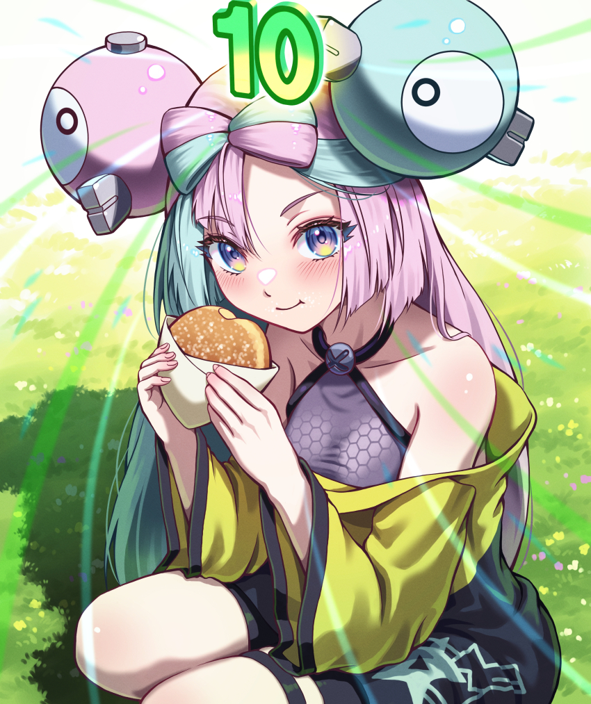 absurdres bow-shaped_hair character_hair_ornament hair_ornament hexagon_print highres iono_(pokemon) jacket malasada nintendo pokemon pokemon_sv single_leg_pantyhose yahha yellow_jacket