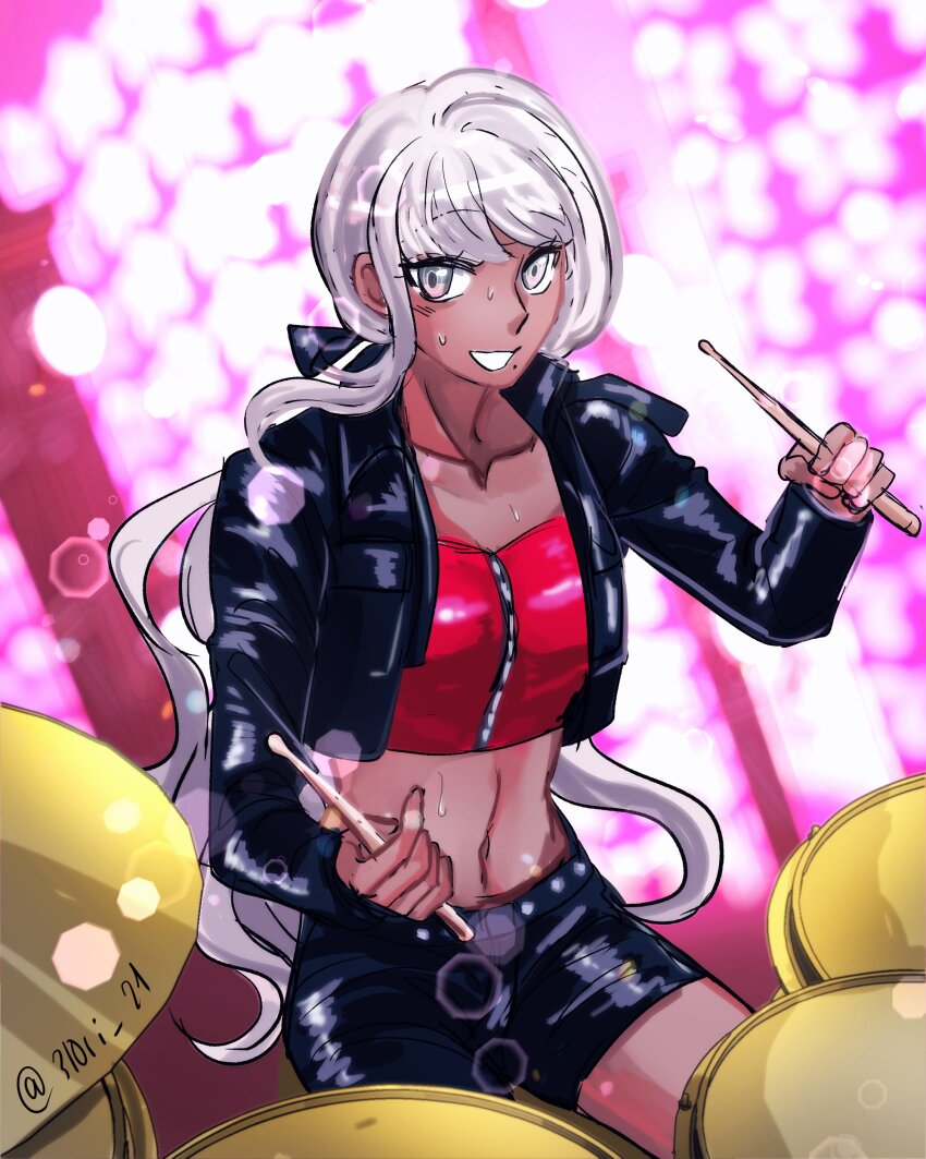 1girl absurdres alternate_costume black_jacket black_shorts collarbone crop_top dark-skinned_female dark_skin drum drum_set drumsticks female_focus grey_eyes grin highres instrument jacket kawana_tsubasa long_hair long_sleeves mole mole_under_mouth navel official_alternate_costume open_mouth red_shirt shirt shorts smile solo solo_focus sweat sweatdrop teeth the_hundred_line_-last_defense_academy- white_hair