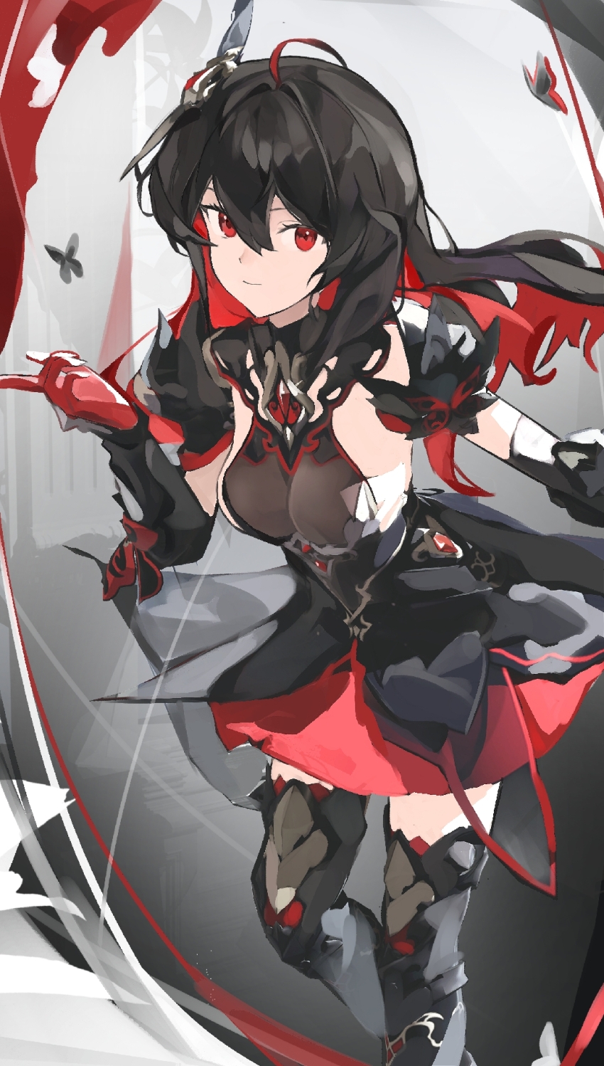 1girl armored_boots black_boots black_butterfly black_dress black_hair boots breasts bug butterfly closed_mouth colored_inner_hair dress feet_out_of_frame gloves hair_between_eyes hair_ornament hand_up highres honkai_(series) honkai_impact_3rd insect linkai long_hair looking_at_viewer medium_breasts missing_commentary multicolored_hair red_eyes red_gloves red_hair red_skirt seele_(alter_ego) seele_vollerei seele_vollerei_(starchasm_nyx) skirt solo thigh_boots thighs
