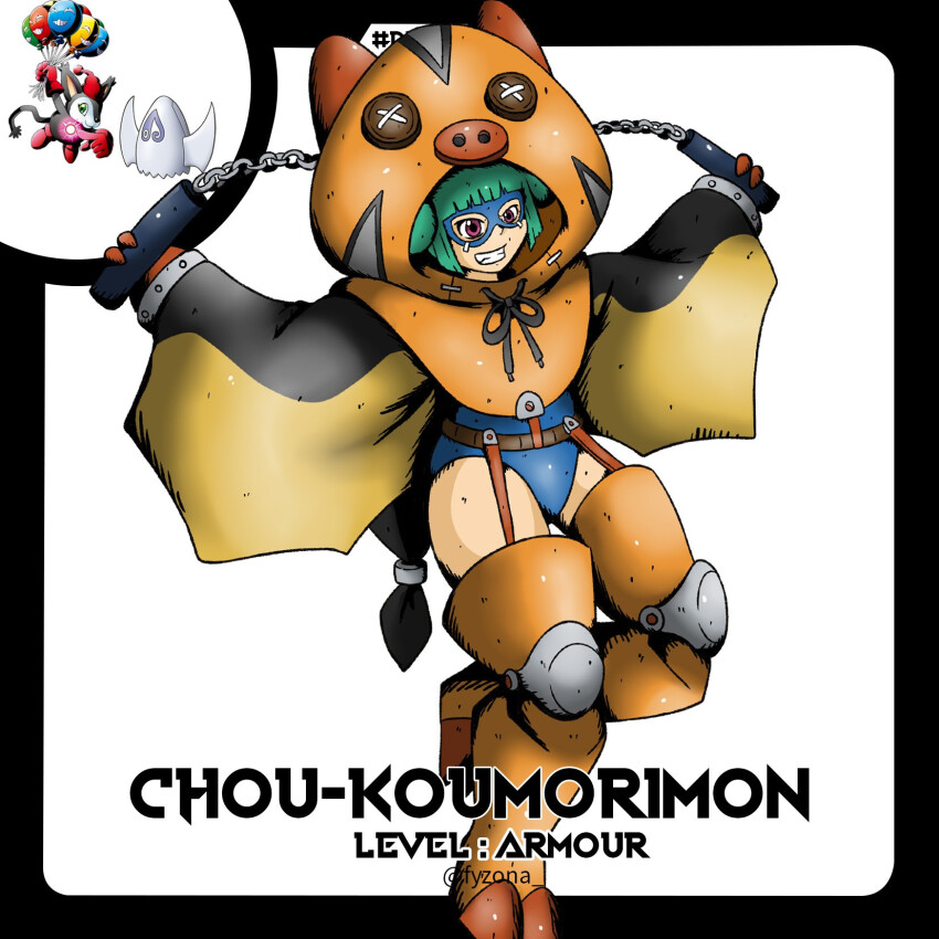 1girl belt cho-hakkaimon costume digimon digimon_(creature) female_focus highres opossummon oridigi original smile solo