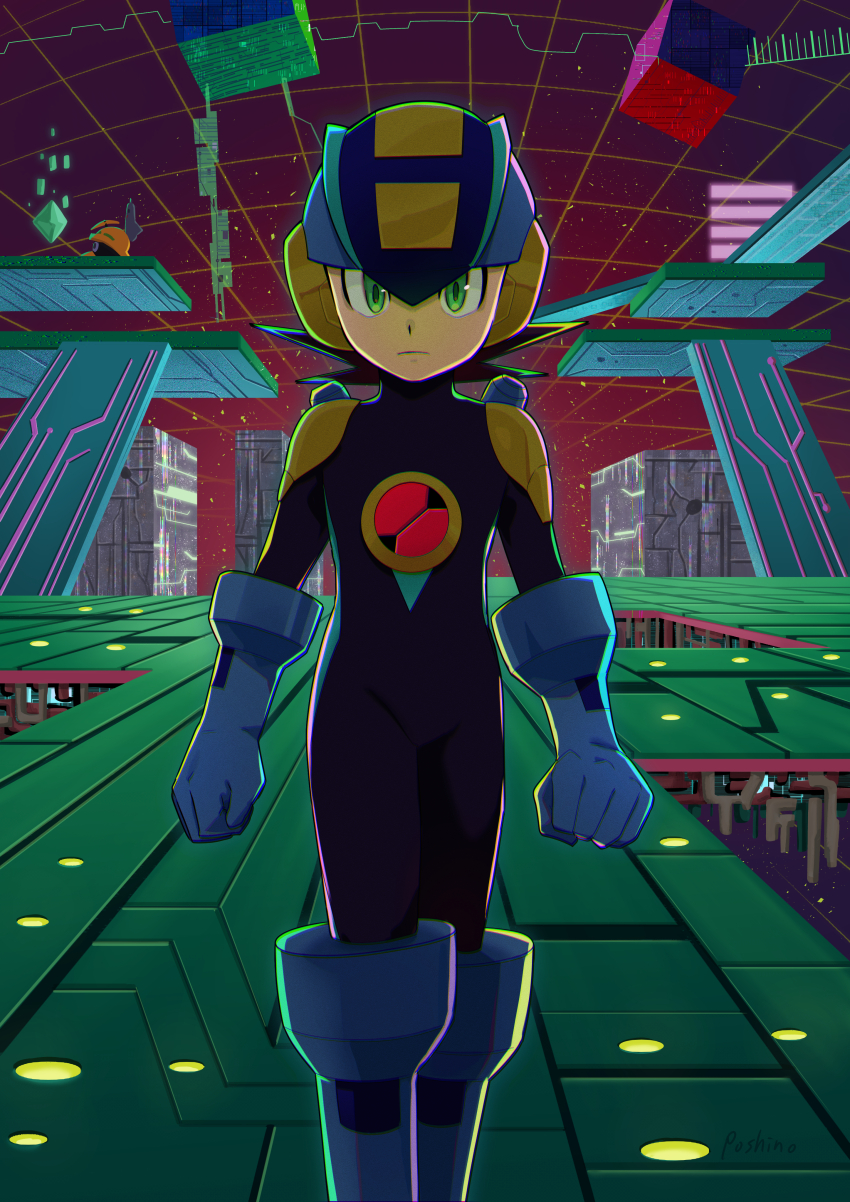 1boy absurdres blue_bodysuit blue_helmet bodysuit cowboy_shot green_eyes helmet highres mega_man_(series) mega_man_battle_network_(series) megaman.exe met_(mega_man) netnavi poshino_pikari red_background solo_focus spiked_hair