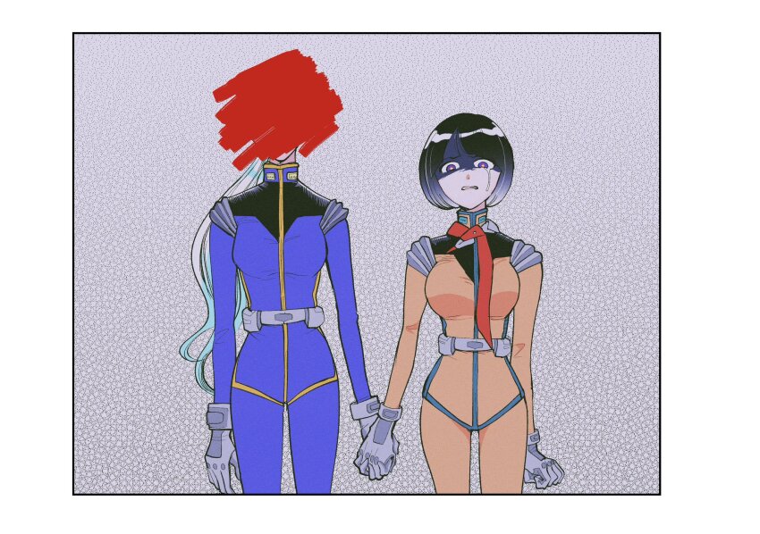 2girls black_hair blue_eyes blue_hair bob_cut border censored commentary_request covered_face cowboy_shot crying glaring gradient_hair grey_background gundam gundam_gquuuuuux highres holding_hands long_hair looking_at_viewer mecha_pilot_suit multicolored_hair multiple_girls open_mouth shaded_face shiiko_sugai short_hair tsudzumiya_mare white_background white_border