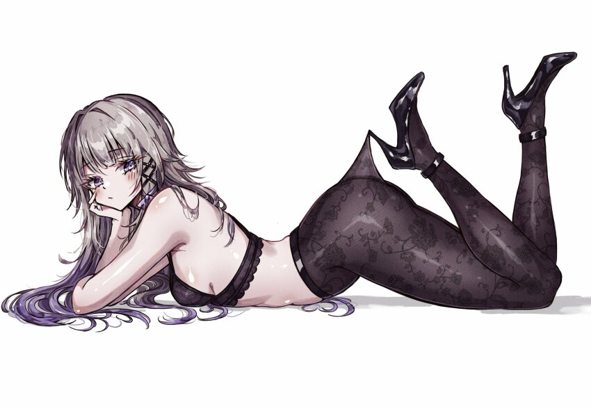 1girl black_bra black_pantyhose black_shoes blush bra breasts commentary english_commentary from_side full_body gradient_hair grey_hair head_rest herta_(honkai:_star_rail) high_heels highres honkai:_star_rail honkai_(series) lace lace-trimmed_bra lace_pantyhose lace_pantyhose_hooked_on_heel_(meme) lace_trim large_breasts legs_up long_hair looking_at_viewer looking_to_the_side lying meme multicolored_hair on_stomach pantyhose purple_eyes purple_hair shoes simple_background solo underwear usa_(usagi_minku) very_long_hair white_background
