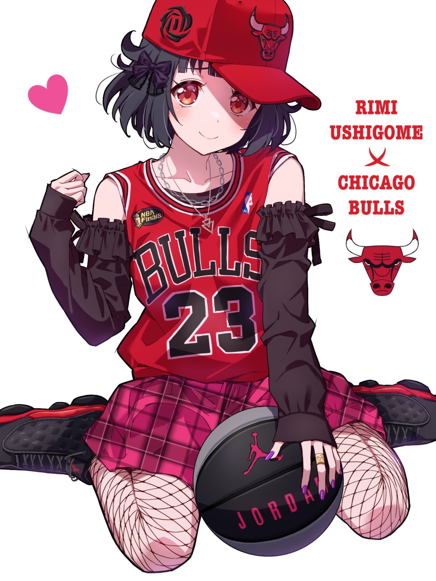 1girl air_jordan air_jordan_13 ball bang_dream! baseball_cap basketball_(object) basketball_jersey black_bow black_hair black_pantyhose blush bow brown_eyes chicago_bulls collarbone cosplay detached_sleeves fishnet_pantyhose fishnets hair_bow hat head_tilt heart highres jewelry logo looking_at_viewer michael_jordan michael_jordan_(cosplay) national_basketball_association necklace pantyhose pink_skirt plaid_clothes plaid_skirt purple_nails red_hat short_hair sitting skirt sleeves_past_wrists smile solo ushigome_rimi wariza yazawa_happyaro
