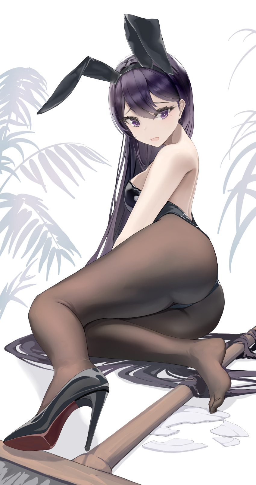 1girl absurdres animal_ear_hairband animal_ears ass bang_dream! bang_dream!_it&#039;s_mygo!!!!! black_hair black_leotard black_pantyhose black_shoes breasts broken_plate cleaning_brush fake_animal_ears hairband high_heels highres leotard long_hair medium_breasts pantyhose patent_heels plate playboy_bunny pumps purple_eyes rabbit_ears red_soles shiina_taki shoes single_shoe sitting solo stiletto_heels strapless strapless_leotard vader_(user_wahr2572) wrist_cuffs yokozuwari