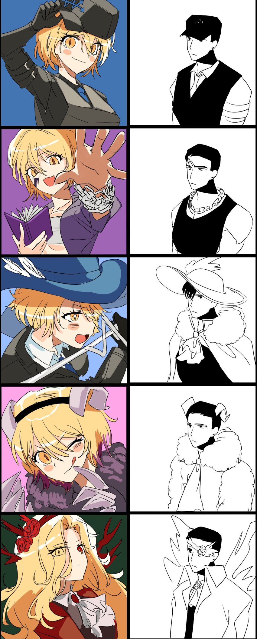 1boy 1girl absurdres blonde_hair book chain chain_necklace chest_sarashi claws don_quixote_(project_moon) e.g.o_(project_moon) electric_screaming_(e.g.o) expressionless hat highres holding holding_book holding_sword holding_weapon horns jewelry limbus_company long_hair looking_at_viewer meurdon meursault_(project_moon) middle_(identity)_(project_moon) multiple_views necklace one_eye_closed partially_colored plume project_moon rapier recurring_image red_eyes sarashi sheep_horns smile sword tongue tongue_out w_corp._(identity)_(project_moon) weapon yearning-mircalla_(e.g.o) yellow_eyes